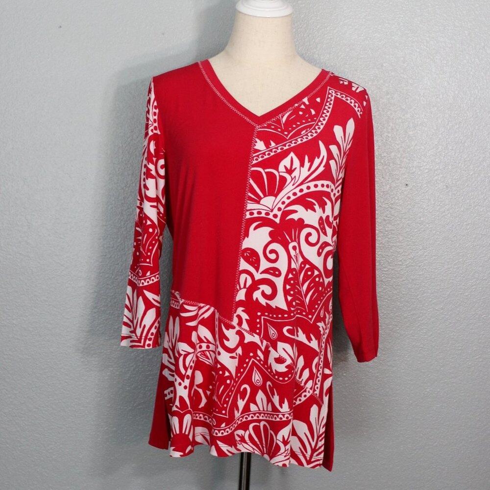 Susan Graver Liquid Knit Tunic Slits Reddish/Pink & White Print Size S